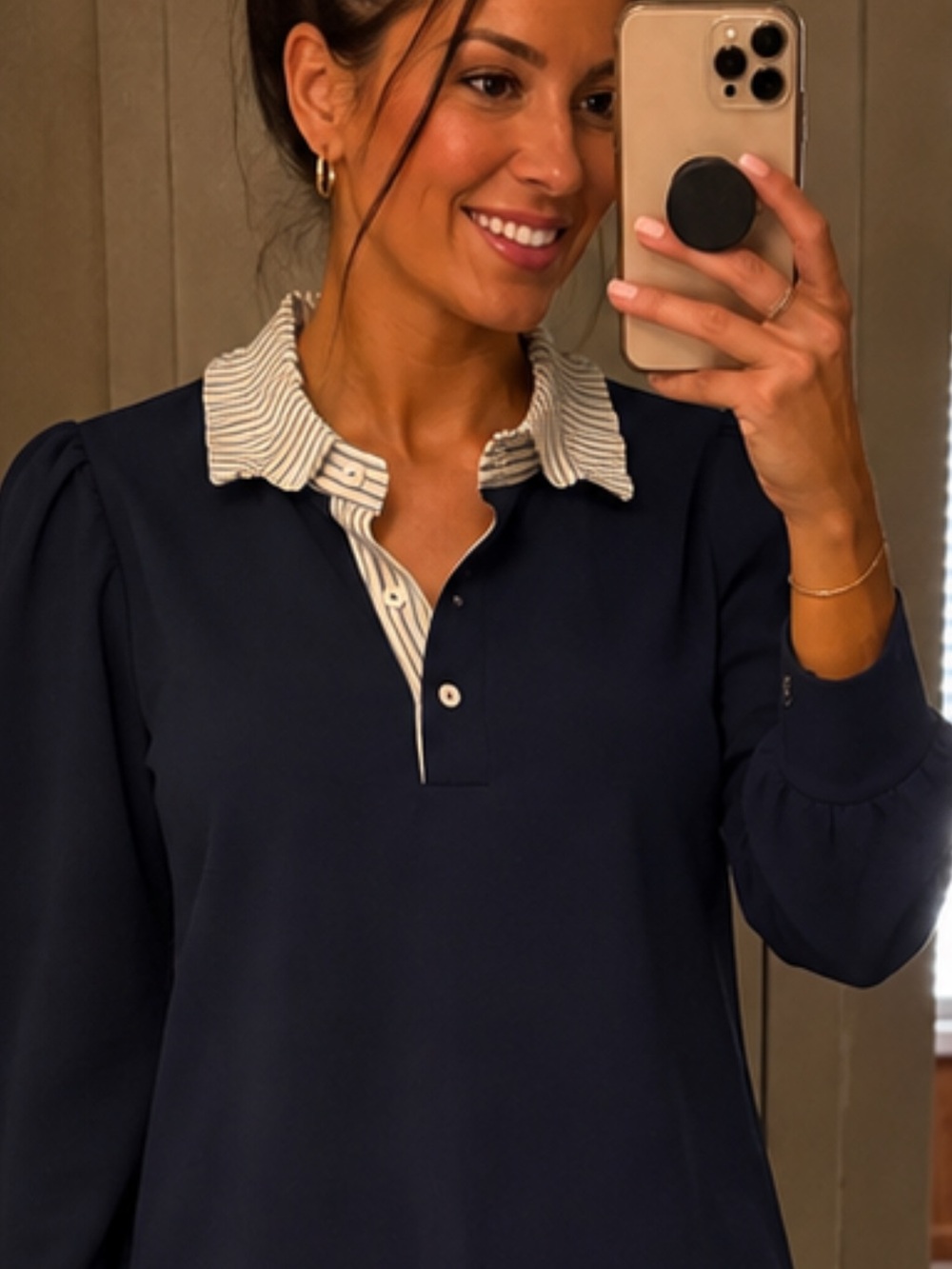 entro Navy Tunic Top with Striped Contrast Collar